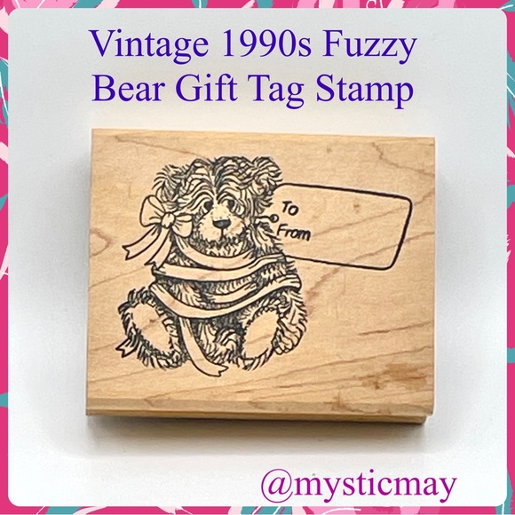 Vintage 1990s JUDIKINS Fuzzy Bear w Bow & Gift Tag Wood Mounted Rubber Stamp - Picture 1 of 6